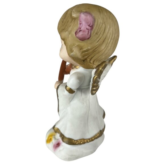 Vintage UCGC Ceramic Angel Figurine Playing Violin With Gold Accents & Pink Bows - Picture 5 of 8